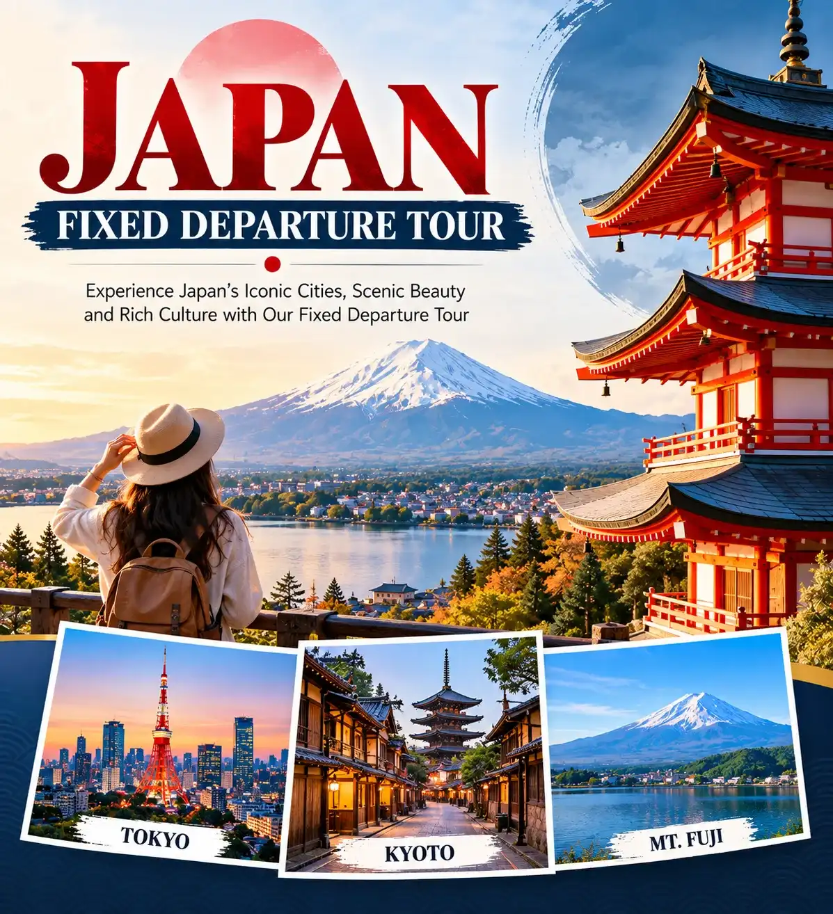 Japan fixed departure tour group with Mount Fuji and cherry blossoms