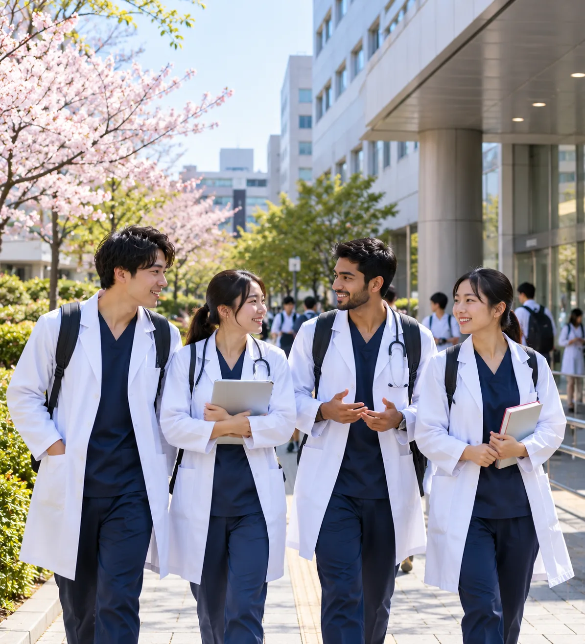 Group of medical students on a guided hospital and university visit in Japan